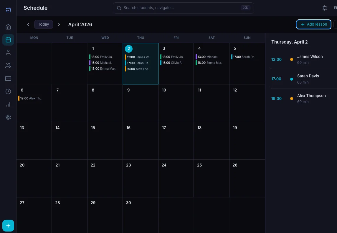 Lesson settings in TeachersFlow: cancel, reschedule, date, time