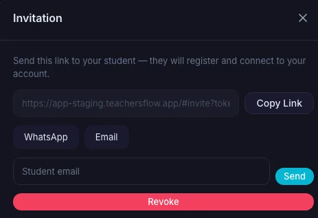 Окно приглашения ученика в TeachersFlow с ссылкой и отправкой по email