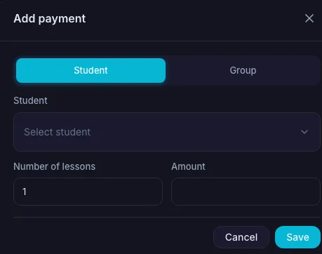 Форма добавления оплаты в TeachersFlow