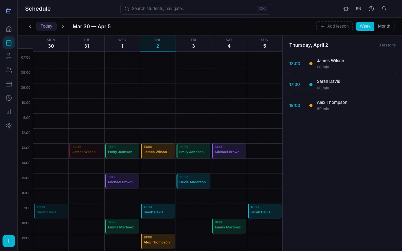 Weekly calendar view in TeachersFlow with lessons across days
