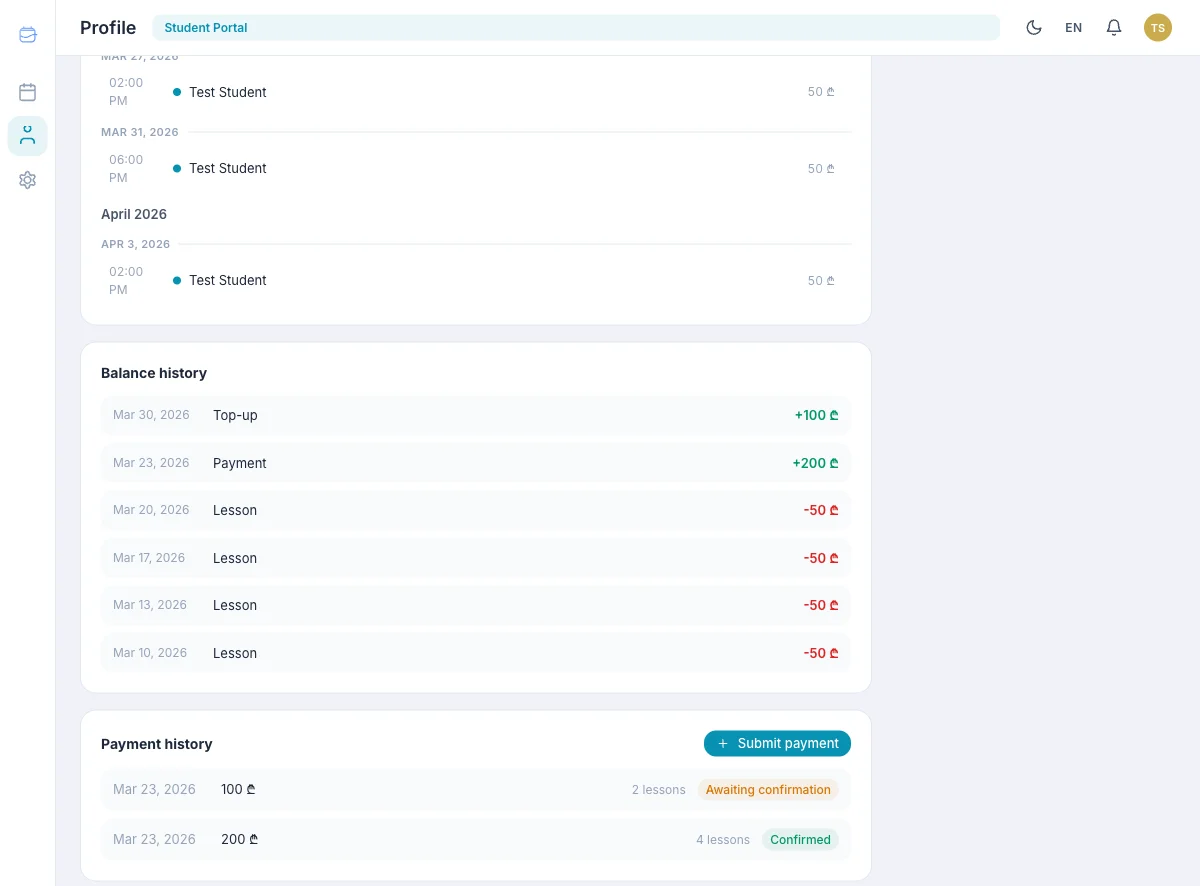 Profile tab with balance cards and payment history